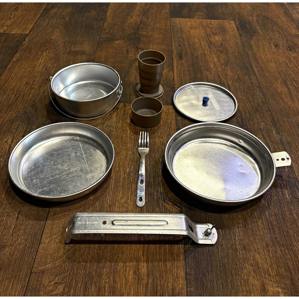 Nesting Aluminum Camping Mess Kit 7pc Set w/ Handles Fry Pan Pot Lid Cup